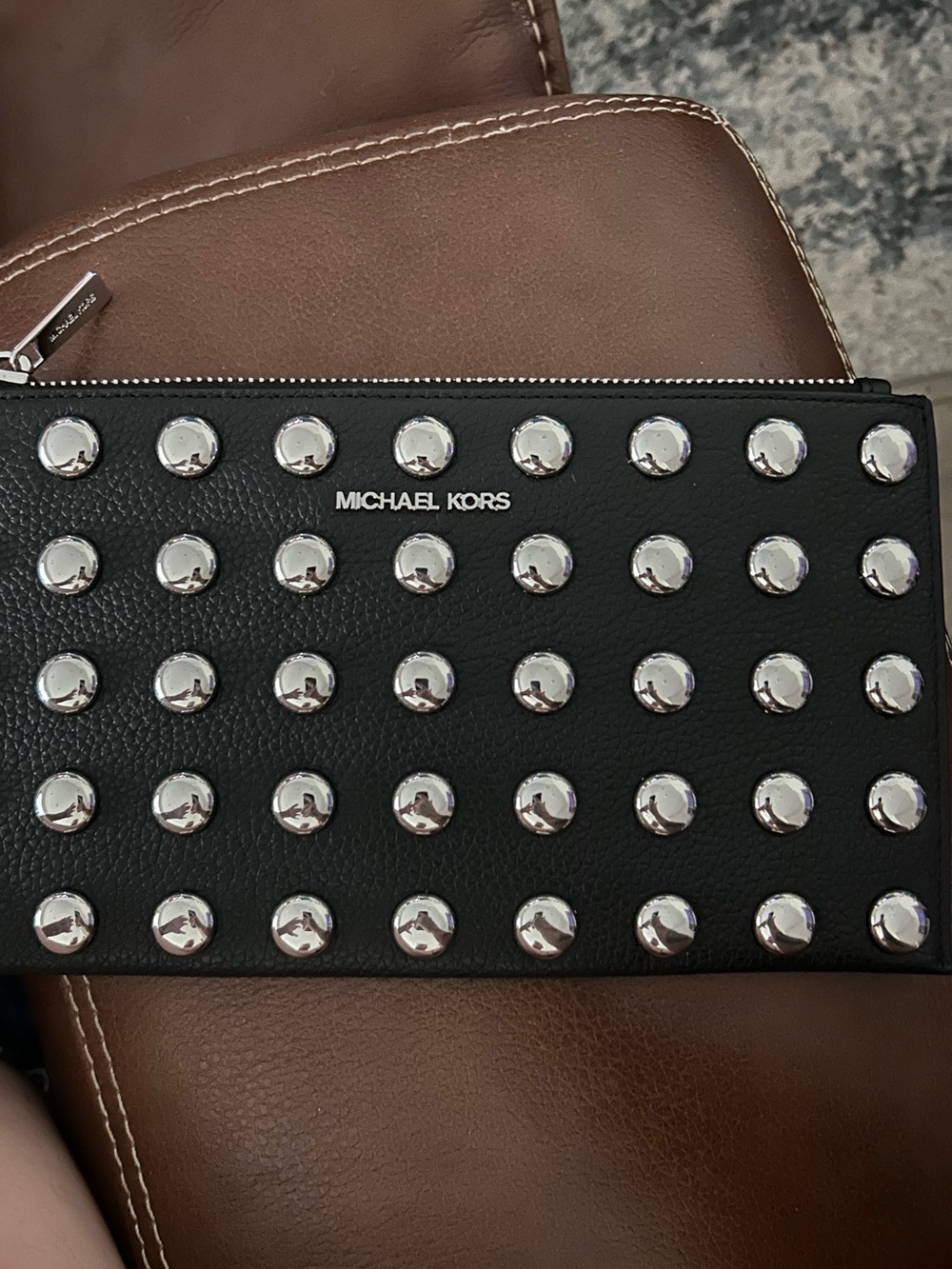 Michael Kors Jet Set Black Leather Studded Zip Wristlet